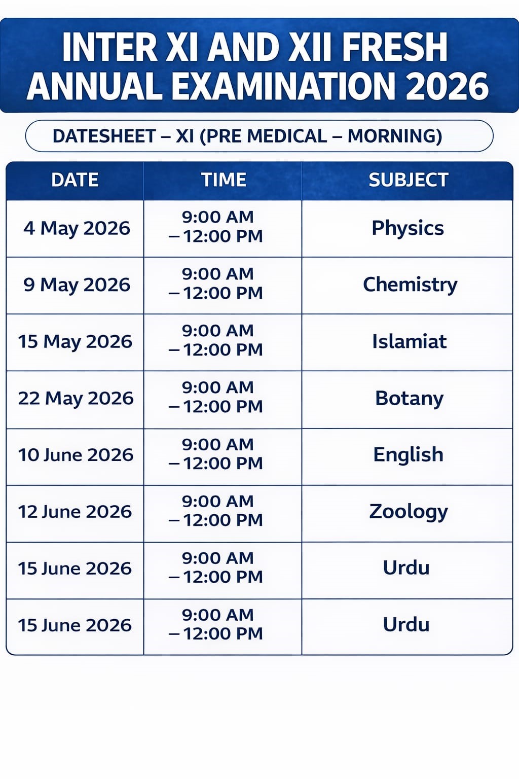 Pre Medical  Date Sheet